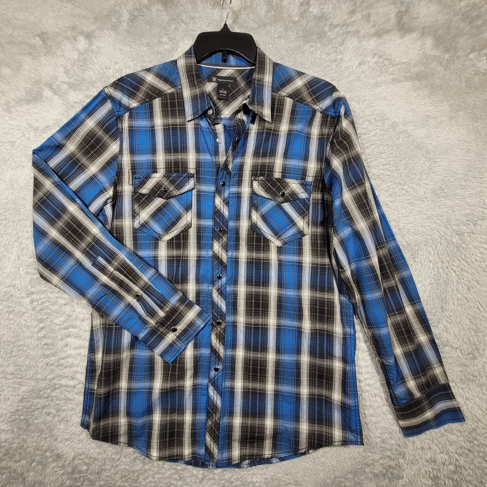 INC Plaid Long Sleeve Pearl Snap Button‎ Up Shirt Mens Large Western